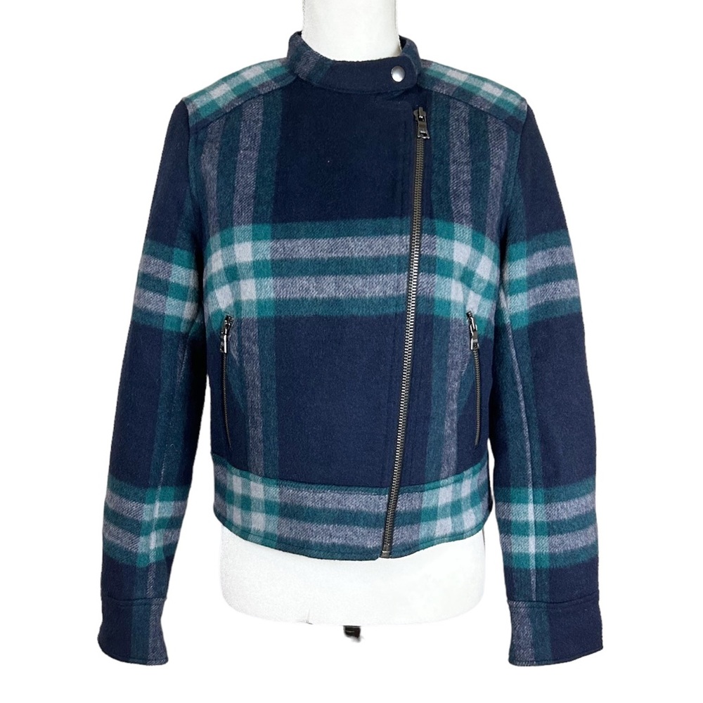 Gap green navy blue plaid wool blend bomber jacket insulated small